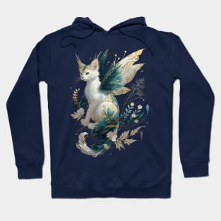 Majestic Cat Dragon Fairy Art - White and Teal with Gold Accents Hoodie